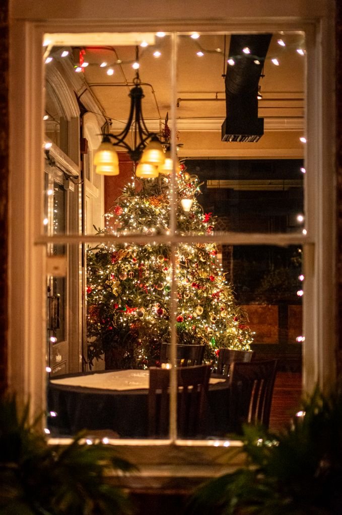 A beautifully decorated Christmas tree seen through a window in Savannah, Georgia.