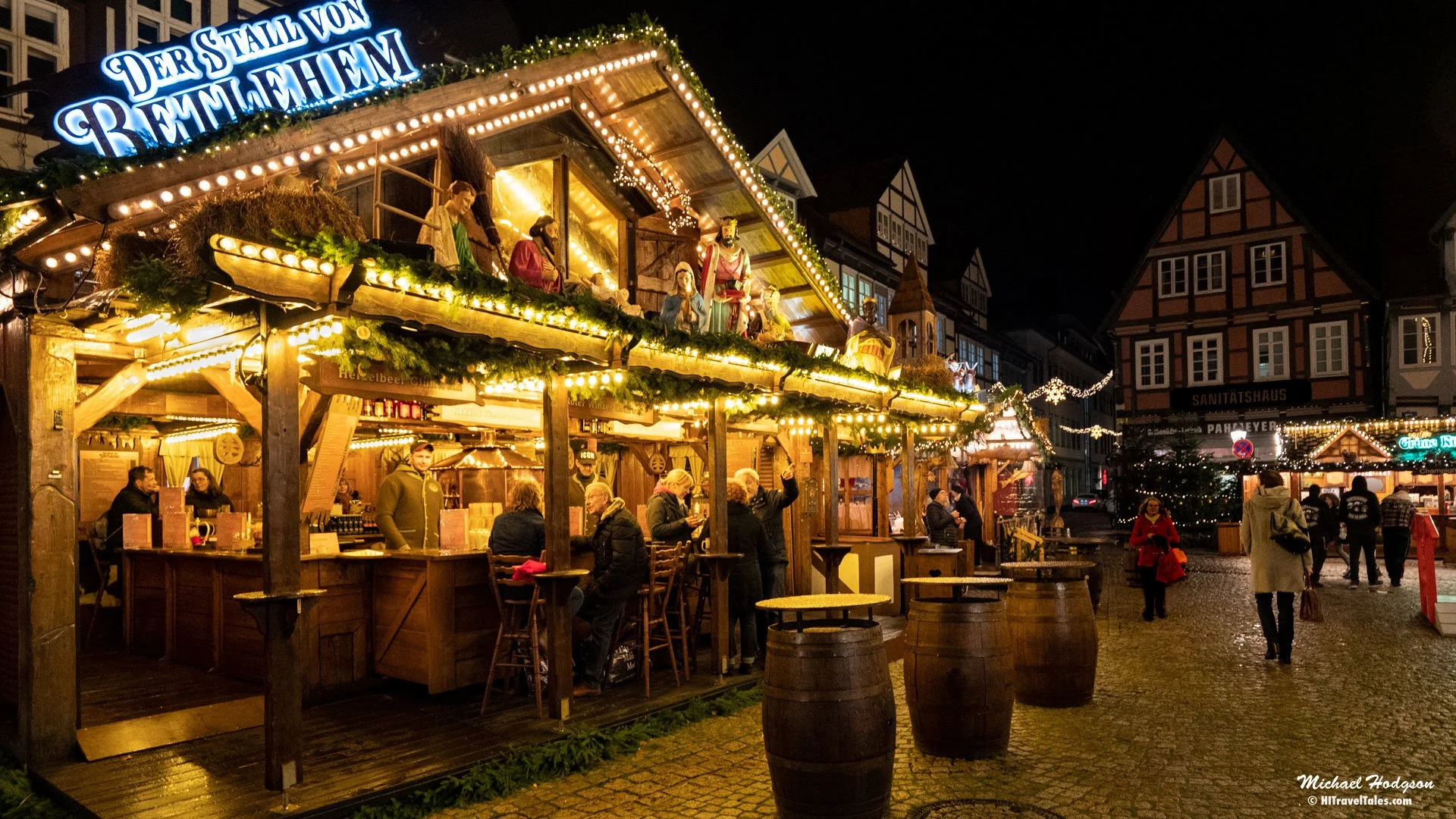 Glühwein hut at a traditional German Christmas market at night